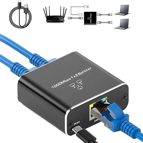 splitter gigabit ethernet 1 a 2 splitter internet ad alta velocità 1000mbps splitter lan 1 in 2 out con cavo di alimentazione usb splitter rj45 per ca