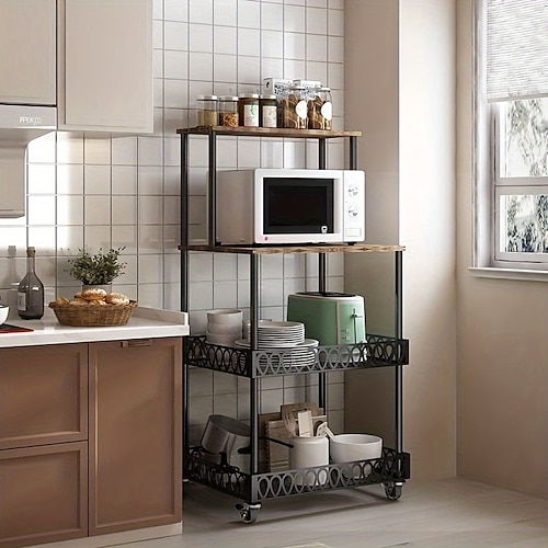 Portapane da cucina a 4 ripiani, porta forno a microonde verticale, portaoggetti da cucina su ruote per cucina e sala da pranzo