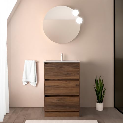 Mobile Bagno A Terra 60 Cm Noce Maya Con Lavabo E Specchio Tondo 60 Cm, 3 Cassetti Con Chiusura Soft-Close, Gaya