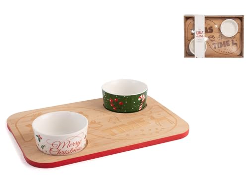 H&H Vassoio Decoro Natale Con 2 Ciotoline In Porcellana Cm8,5X5H