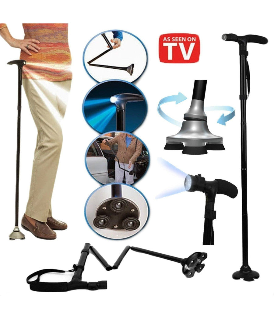 Bastone magic cane da passeggio pieghevole per anziani + torcia led visto in tv