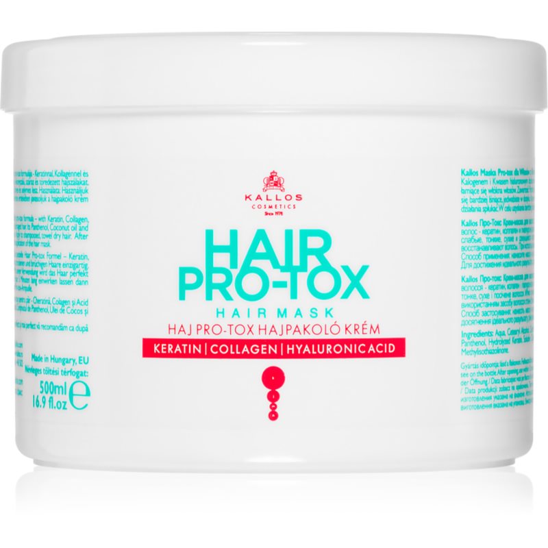 Kallos Hair Pro-Tox Maschera Per Capelli Deboli E Danneggiati Con Olio Di Cocco, Acido Ialuronico E Collagene 500 Ml