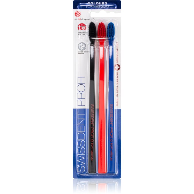Swissdent Profi Colours Spazzolini Da Denti Soft - Medium Black, Red, Blue 3 Pz