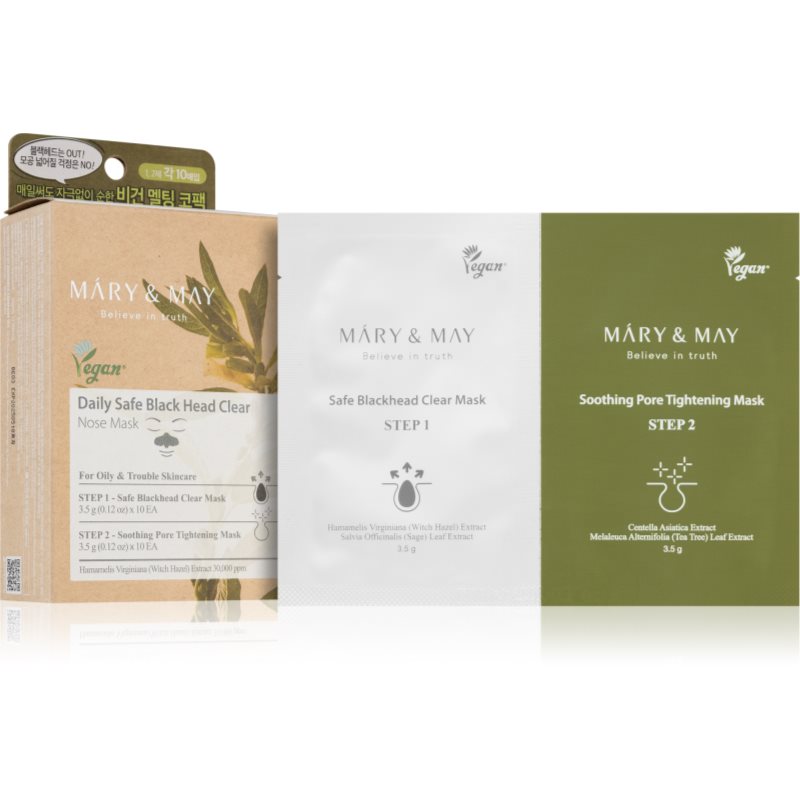 Mary & May Daily Safe Black Head Clear Nose Mask Cerotto Detergente Per I Pori Ostruiti Del Naso Per Il Trattamento Bifasico Della Pelle 2X10 Pz
