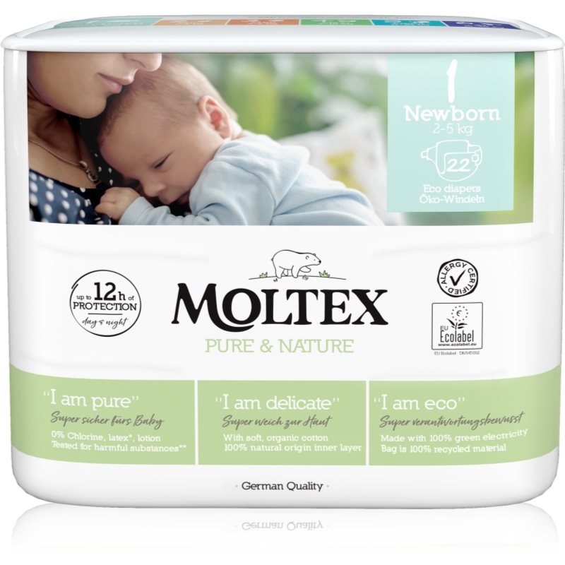 Moltex Pure & Nature Newborn Size 1 Pannolini Eco Usa E Getta 2 - 5 Kg 22 Pz
