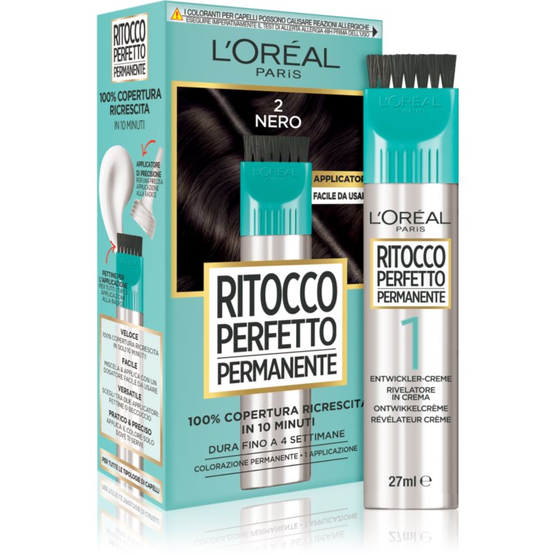 L’Oréal Paris Ritocco Perfetto Permanente Colore Per Coprire La Ricrescita Con Applicatore Colore 2 Black 1 Pz
