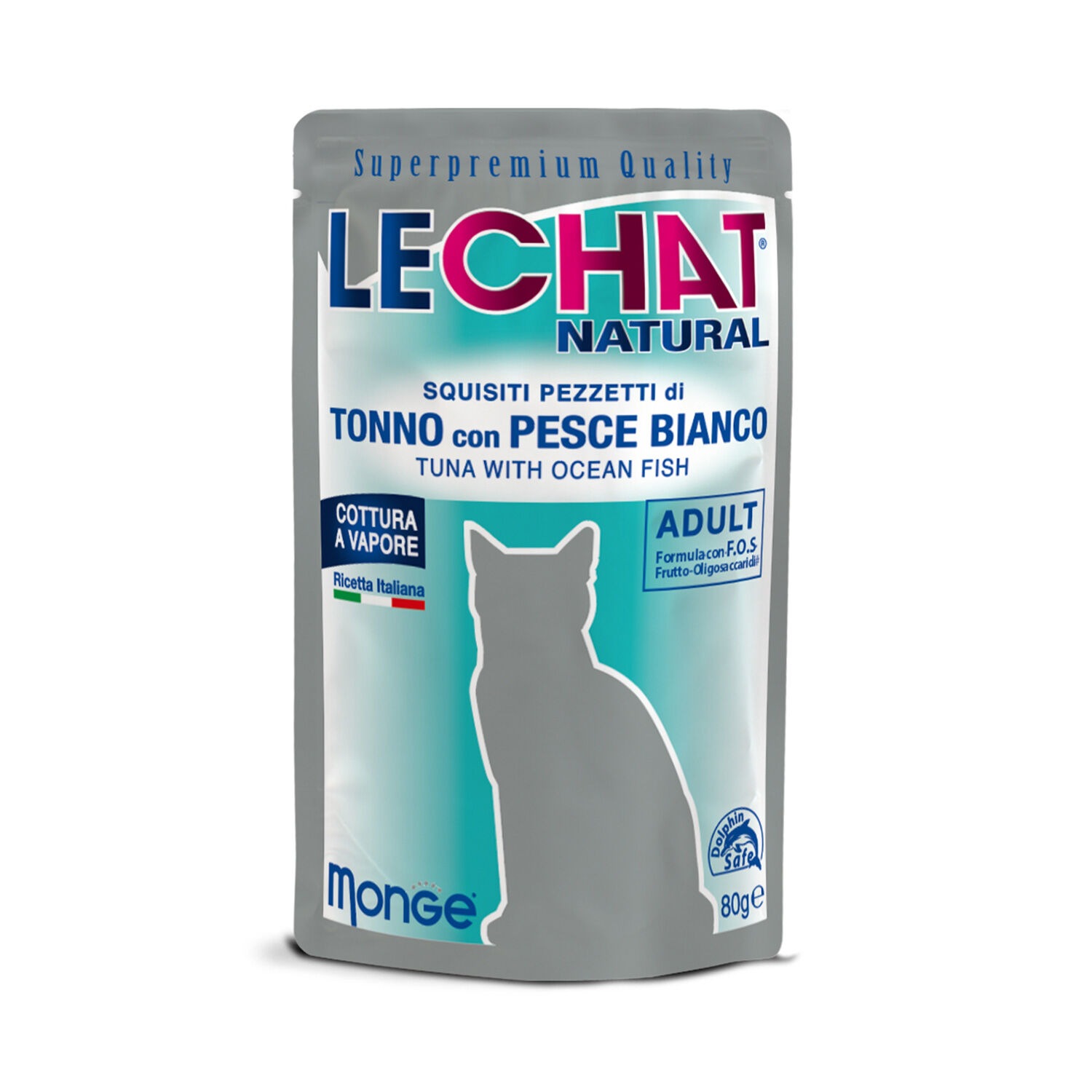 LeChat Natural Squisiti Pezzetti di Tonno con Pesce Bianco 80 g - -