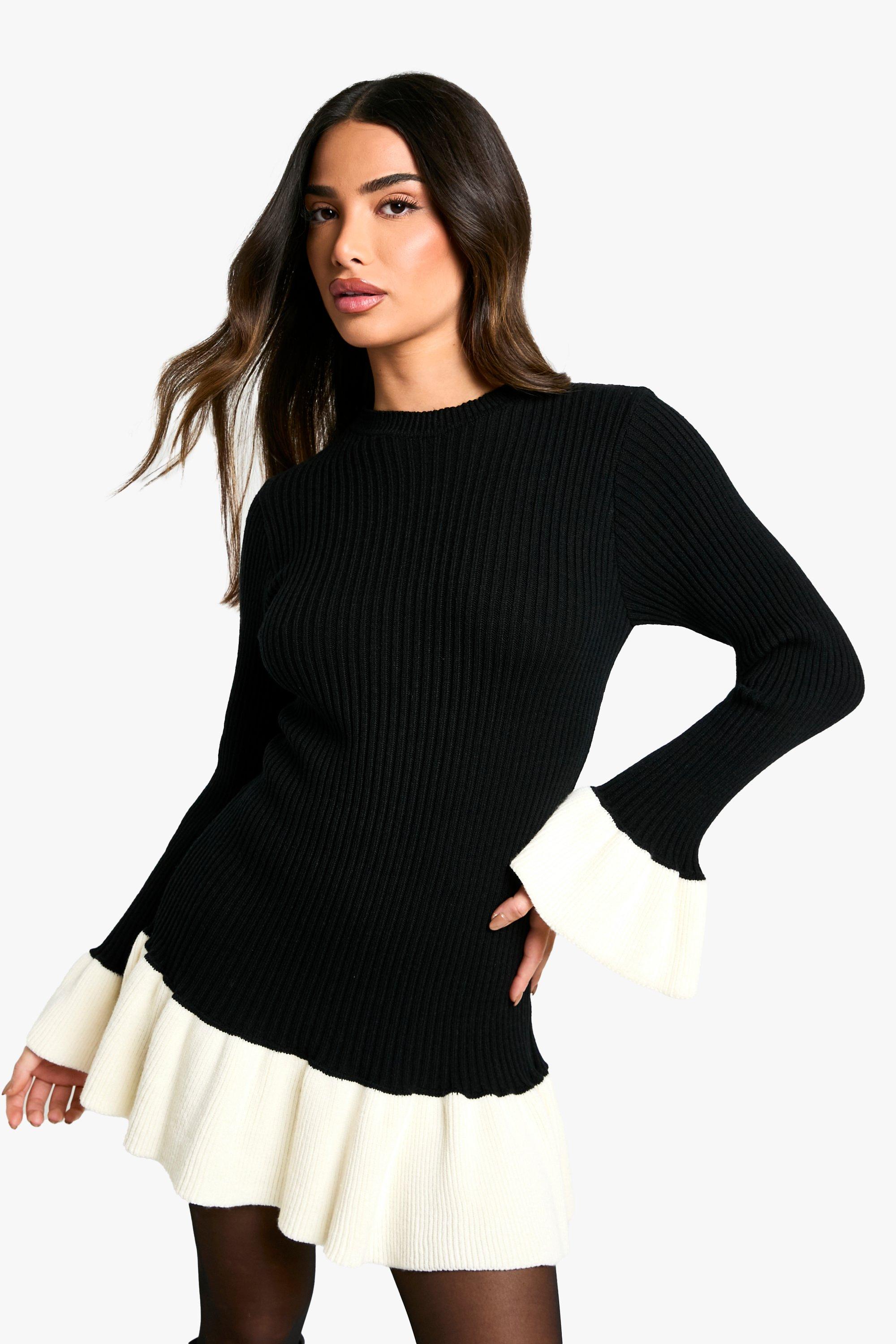 Petite Contrast Flare Sleeve Knitted Skater Dress, Nero