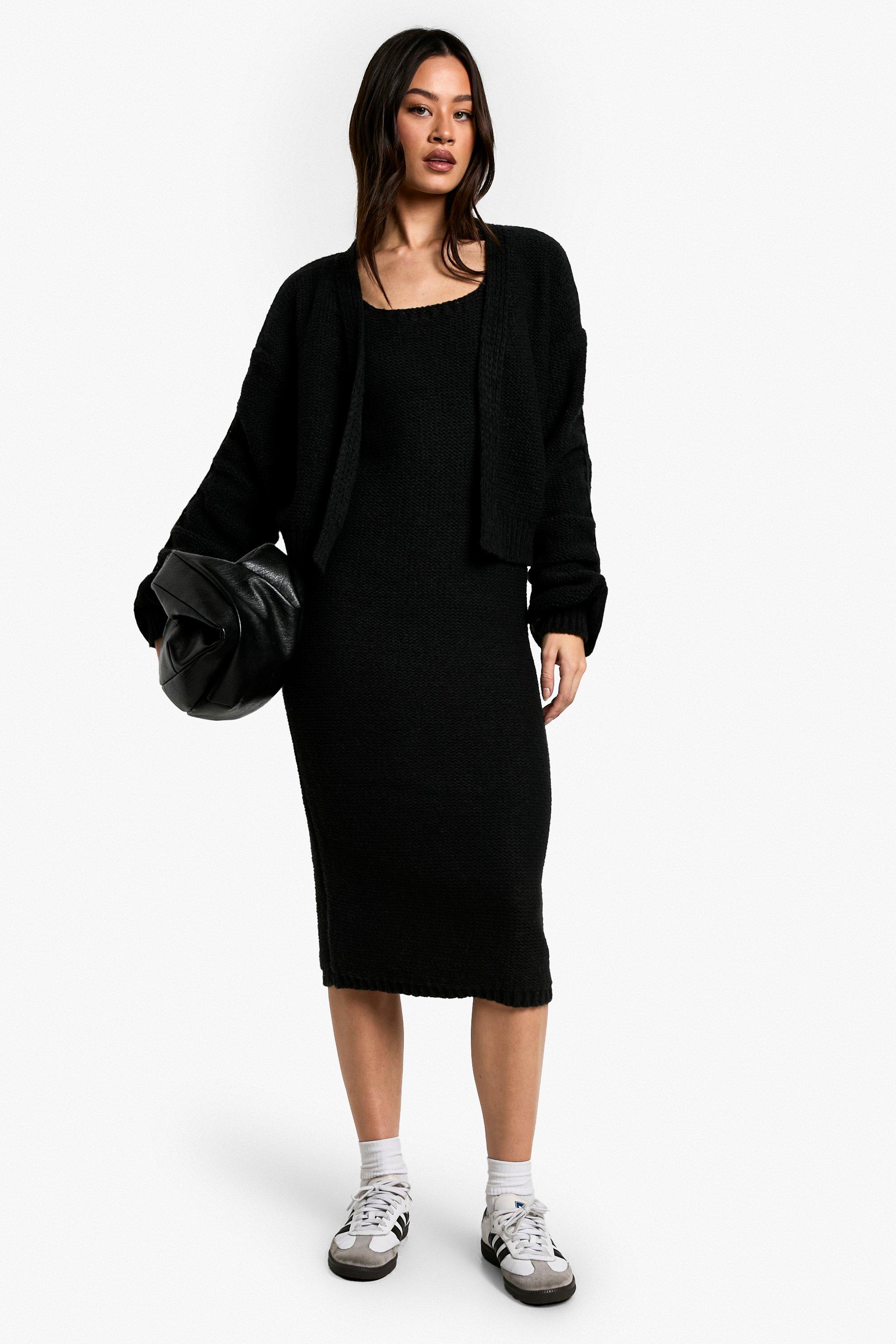 Tall Chunky Knit Dress And Cardigan Co Ord, Nero