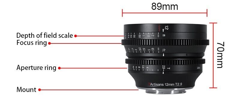 7artisans 2.9/12mm T Nero Per M4/3 MFT APS-C Obiettivo Cinema