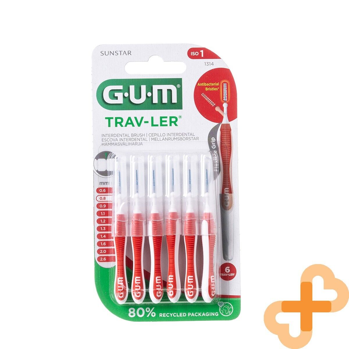 Spazzolino interdentale GUM TRAVLER 0,8 mm 6 pezzi. Impugnatura ergonomica an...