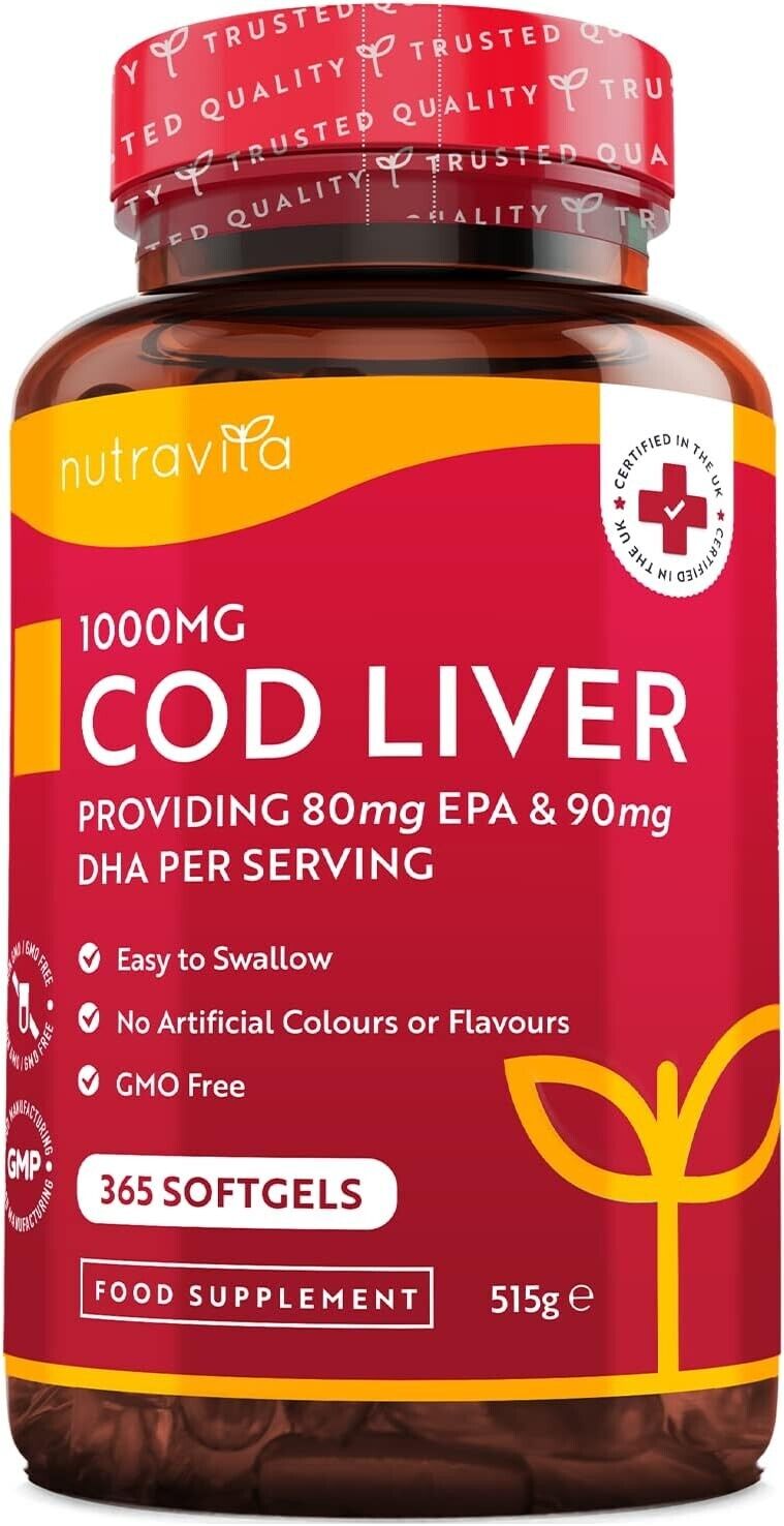 High Strength Cod Liver Oil 1000mg + Omega 3, Vits A, D & E - Heart Brain Joints