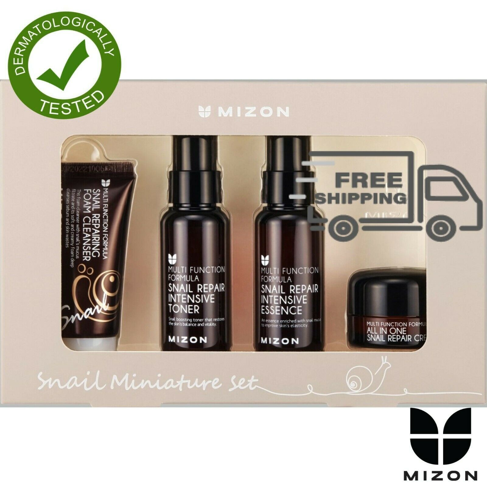 Mizon Snail Miniature Kit Set Repair Line Cleanser Tone Essence Cream 4 pezzi