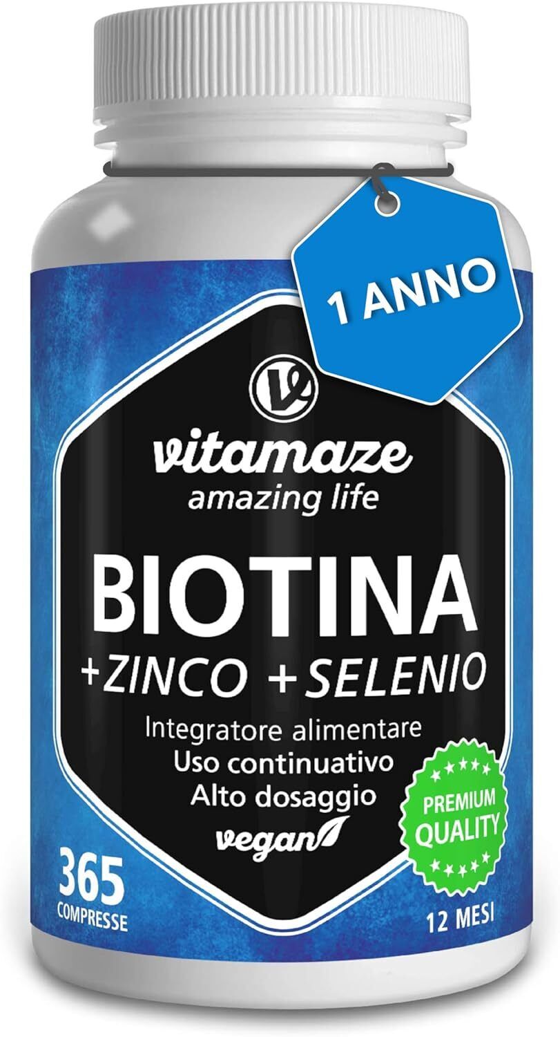 Vitamaze® Biotina Capelli + Selenio + Zinco, 365 Compresse (1 Anno) Crescita...