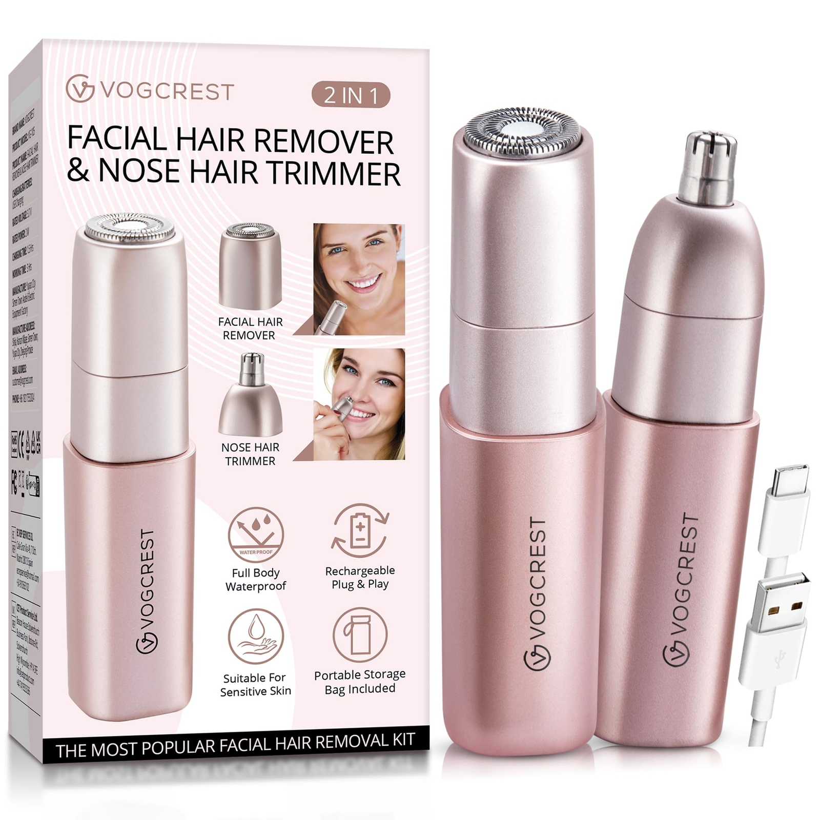 Epilatore Viso Donna - Epilatore Peli Naso Donna Ricaricabile: 2 in 1 (A1j)