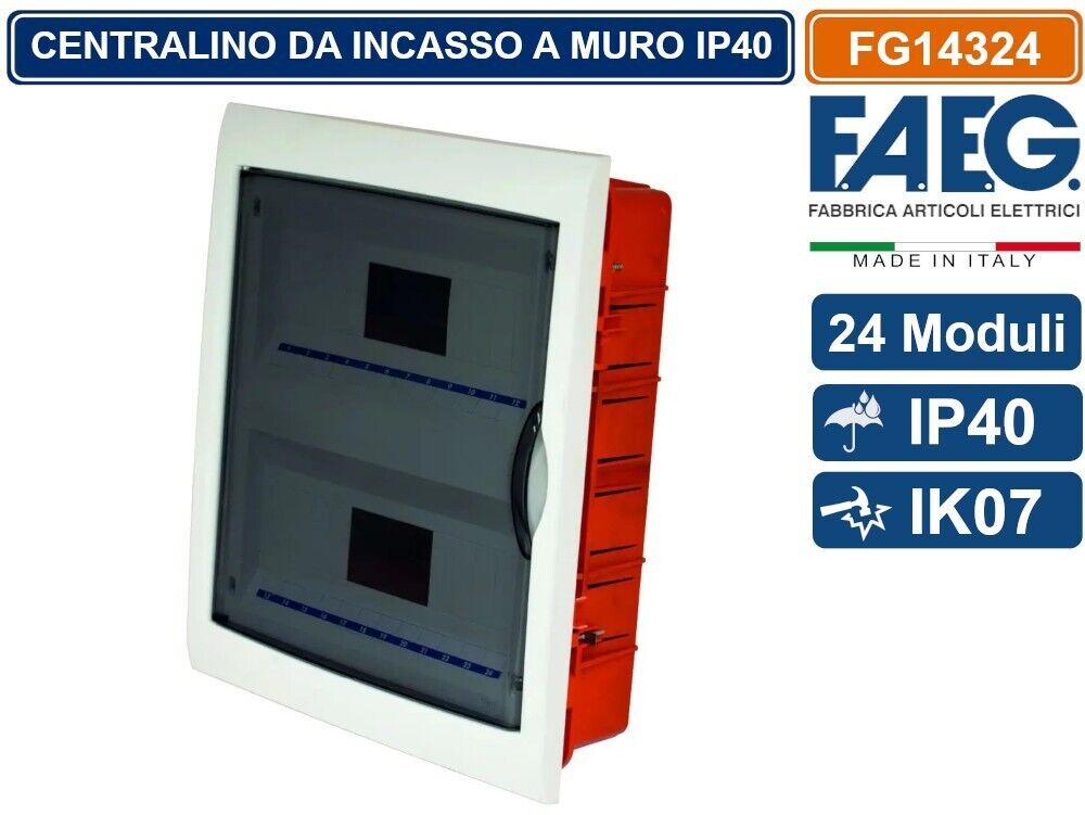 CENTRALINO DA INCASSO 24 MODULI CON CORNICE BIANCA E PORTELLO FUMÈ IP40 FAEG