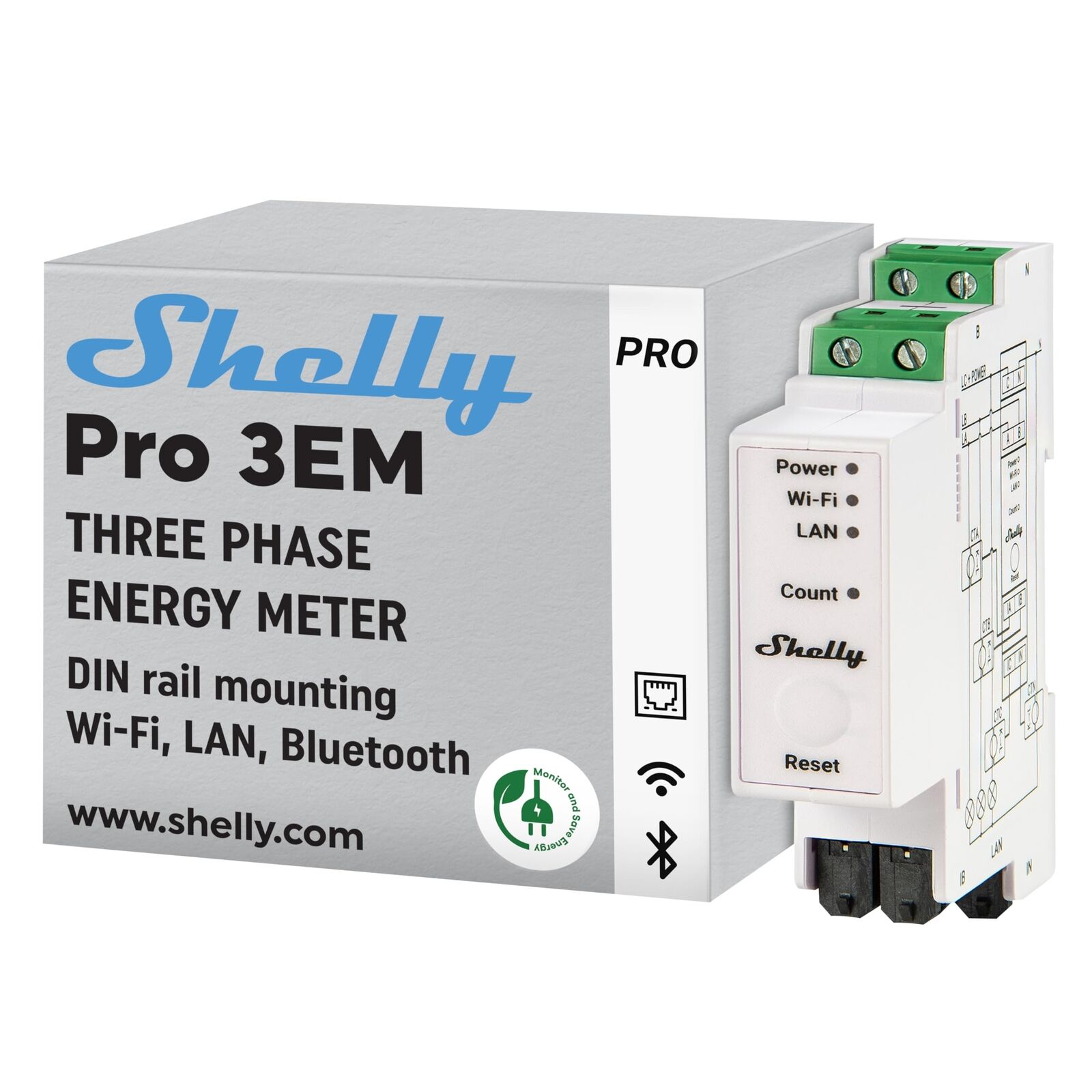 Shelly Pro 3EM 120A Contatore di Energia Elettrica Digitale su Guida DIN Trif...