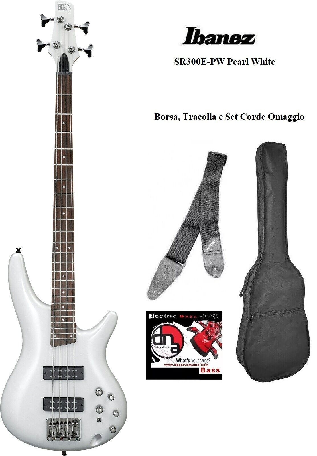 Ibanez SR300E PW Pearl White BASSO ELETTRICO 4 CORDE + BORSA TRACOLLA SET CORDE
