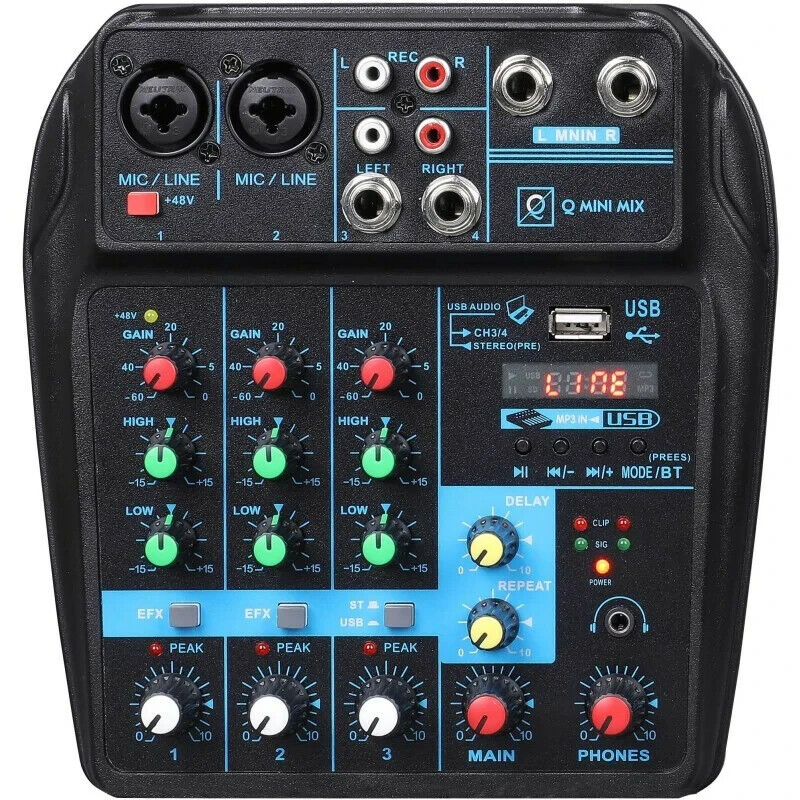 Mixer OQAN Q Mini.  Mixer USB quattro canali, effetti, bluetooth.