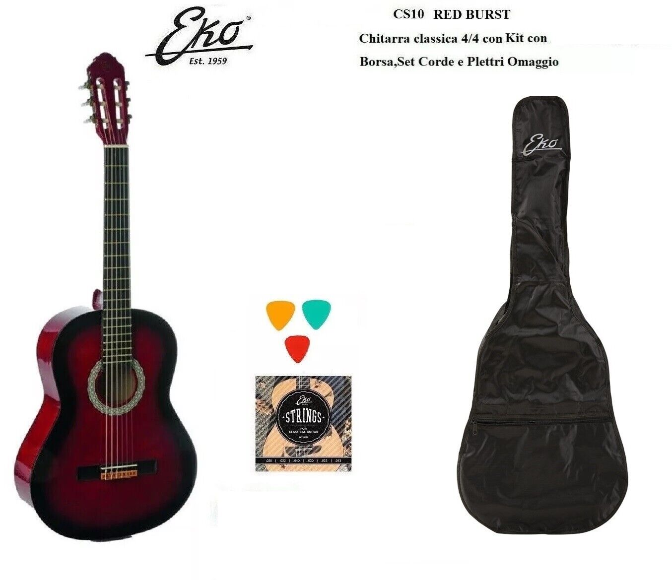 EKO CS10 RED BURST Chitarra Classica Rossa 4/4 con borsa, set corde e plettri