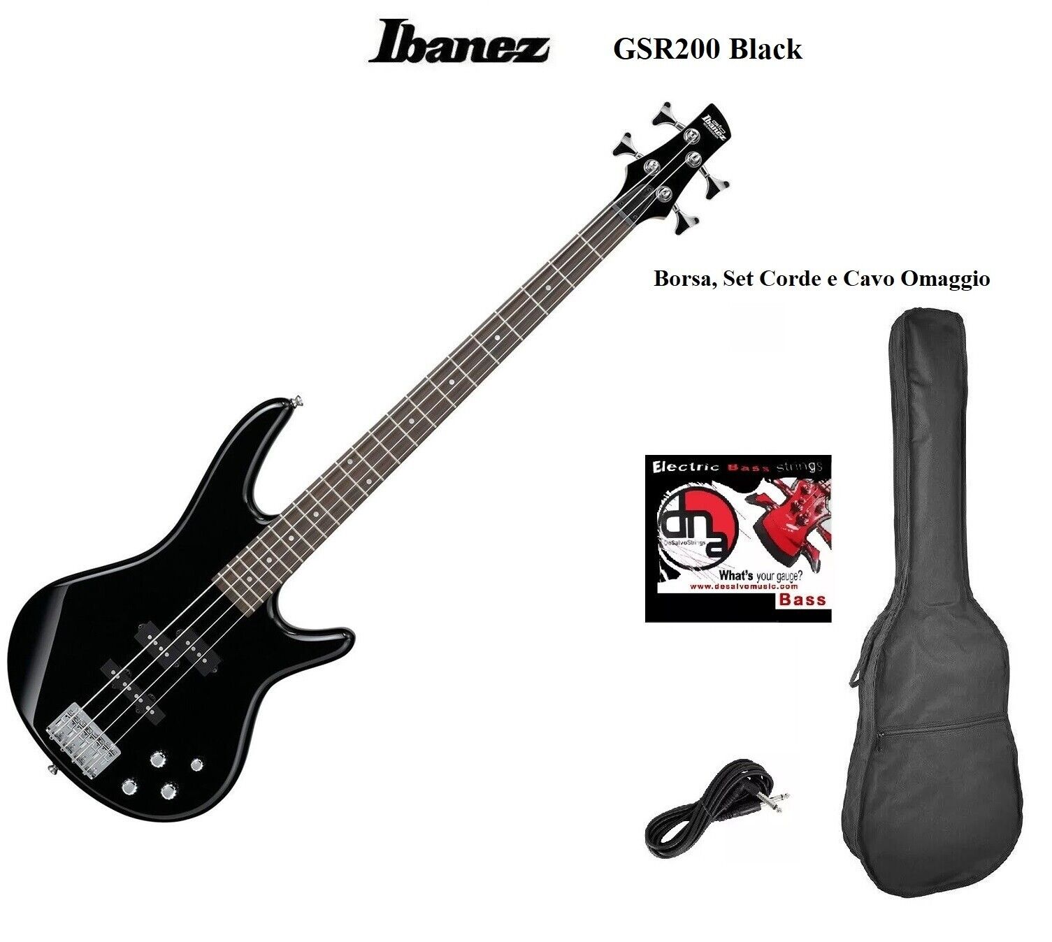 Ibanez GSR200 BK BLACK BASSO ELETTRICO NERO KIT CON BORSA + SET CORDE + CAVO
