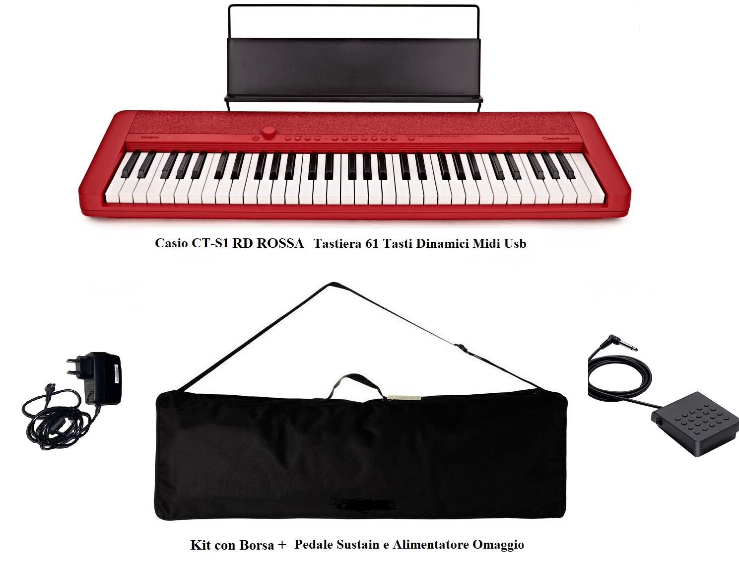 Casio CT-S1 RD ROSSA Tastiera 61 Tasti Dinamici Usb + BORSA +Sustain + alimentat