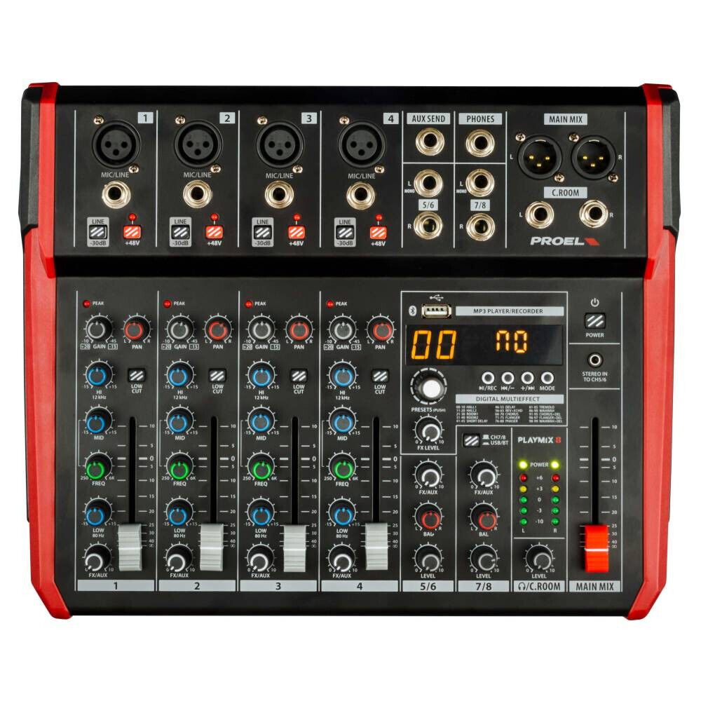 Proel PLAYMIX8 Mixer 8 Canali 24 Efetti Bluetooth Mp3 Player Recorder USB