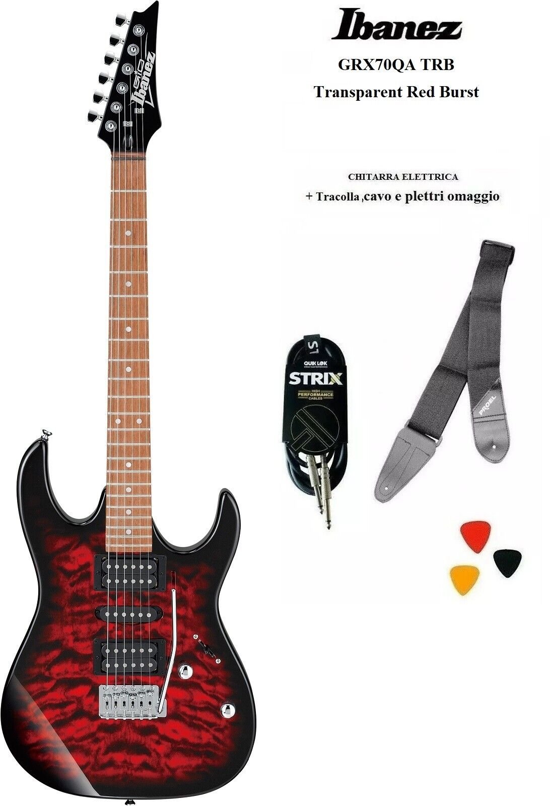 IBANEZ GRX70QA TRB Transparent Red Burst CHITARRA ELETTRICA con Tracolla e Cavo