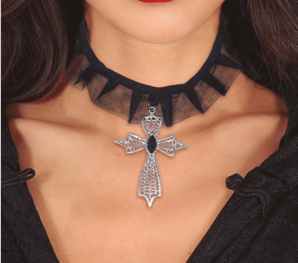 Girocollo choker nero con croce 7 cm