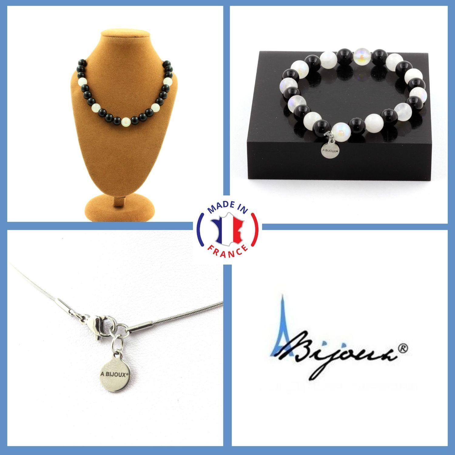 Parure Gioielli Braccialetto Collana Perle Agata Nero + Pietra di Luna 8 UK per