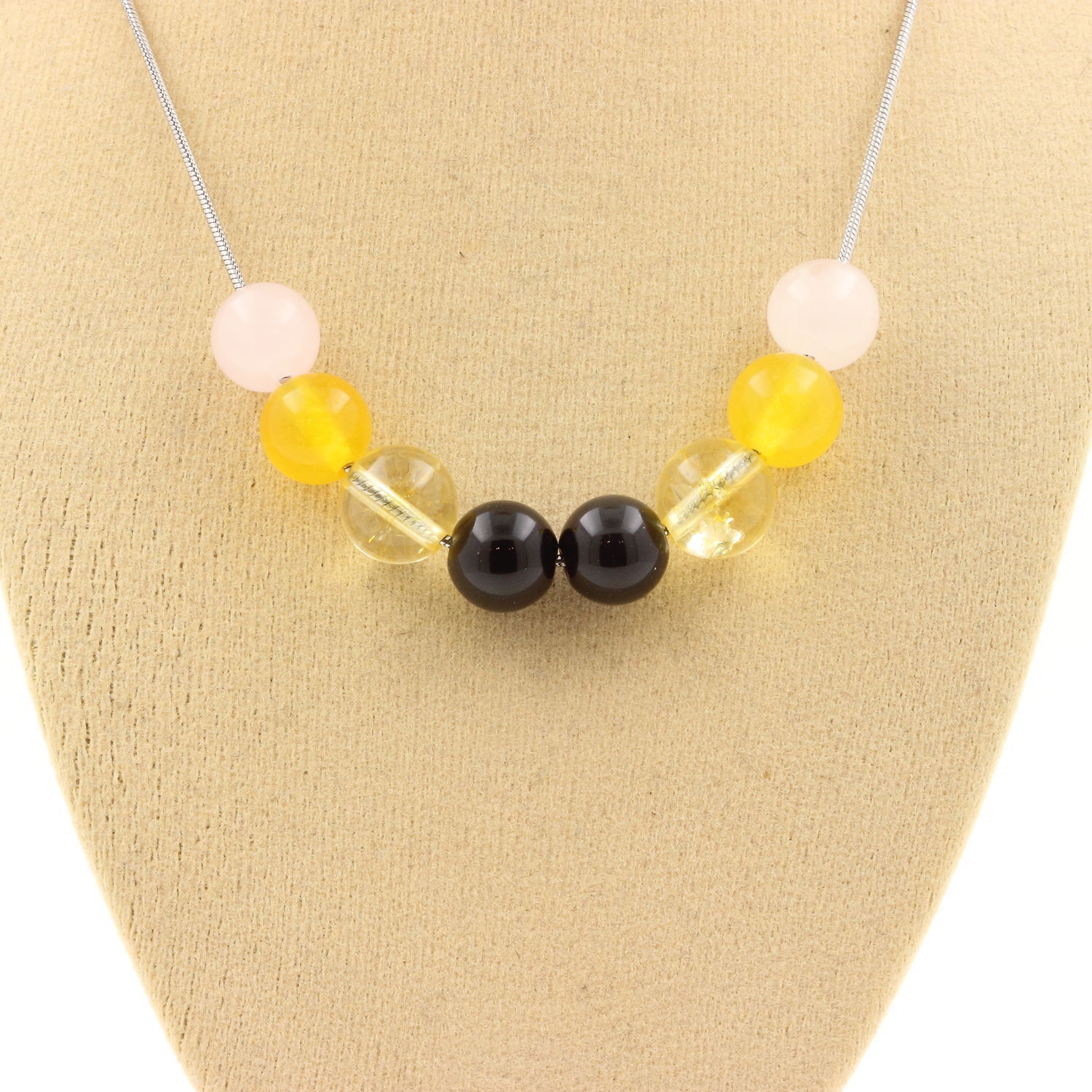 Collezione Di Minerali. Collana Perle Ossidiana Nera + Agata Gialla + Citrina +