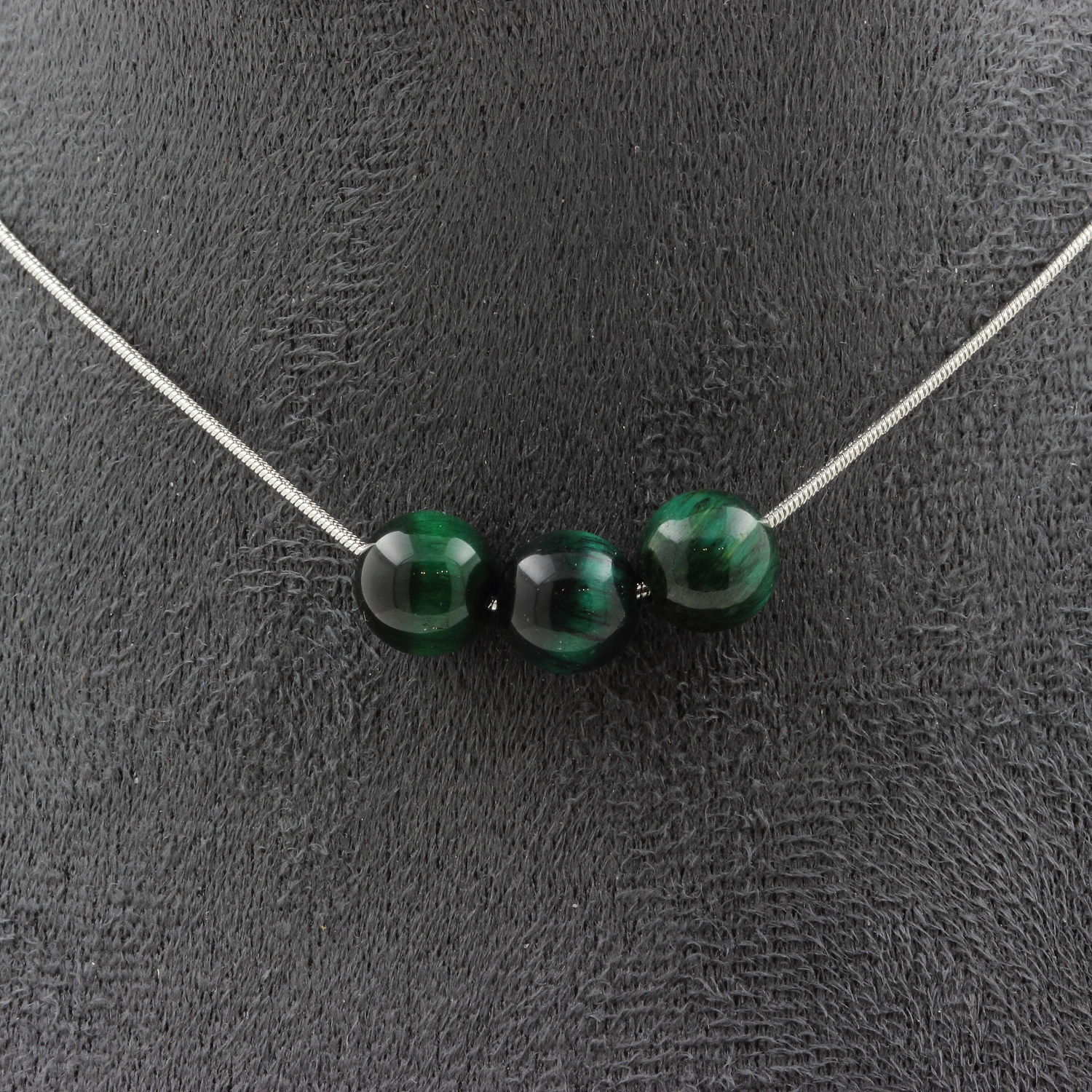 Minerali Collezione. Collana 3 Perle Occhio di Tigre Verde 8 Mm. IN Acciaio