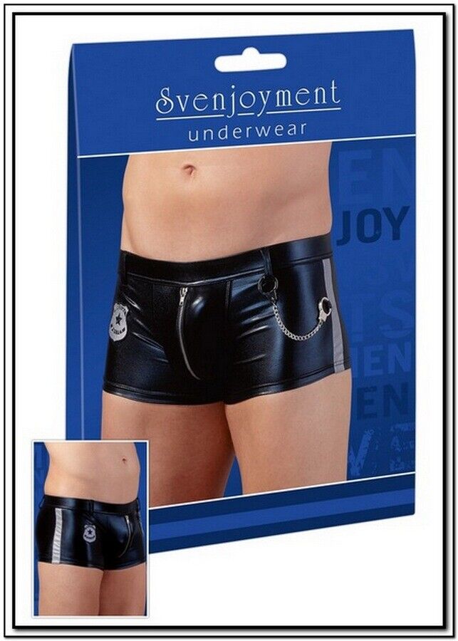 PANTALONE CORTO NERO LUCIDO   STEMMA POLIZIA ZIP MINI-MANETTE  TG.S