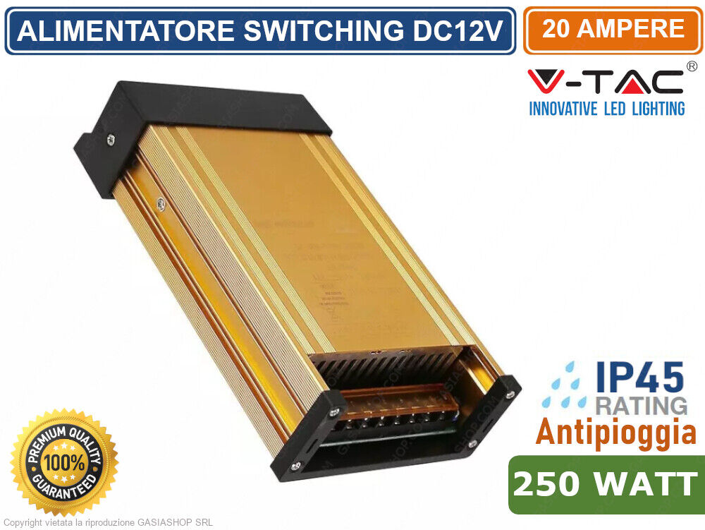 V-TAC VT-21251 ALIMENTATORE 250W 12V RAINPROOF IP45 A 2 USCITE MORSETTI A VITE