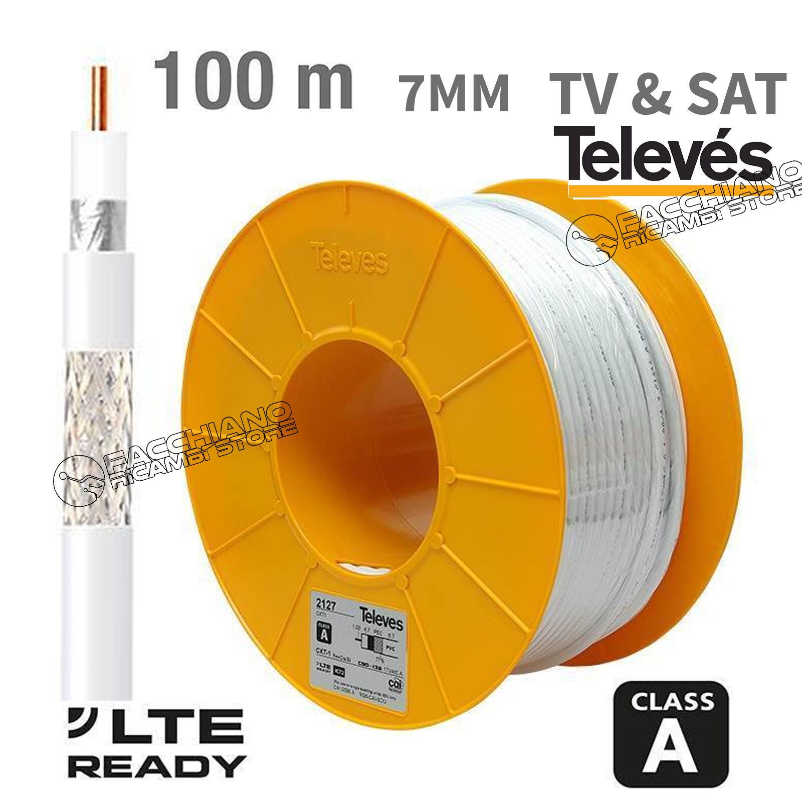 CAVO COASSIALE TV SAT MATASSA BOBINA DA 100M SEZIONE 7MM TELEVES 2127