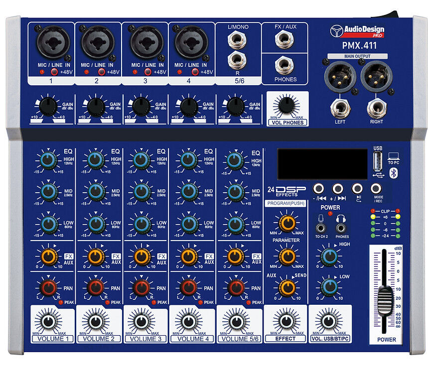 MIXER AUDIODESIGN  PMX.411 TK  6CH USB Bluetooth ingresso ottico  EFFETTI VOCE
