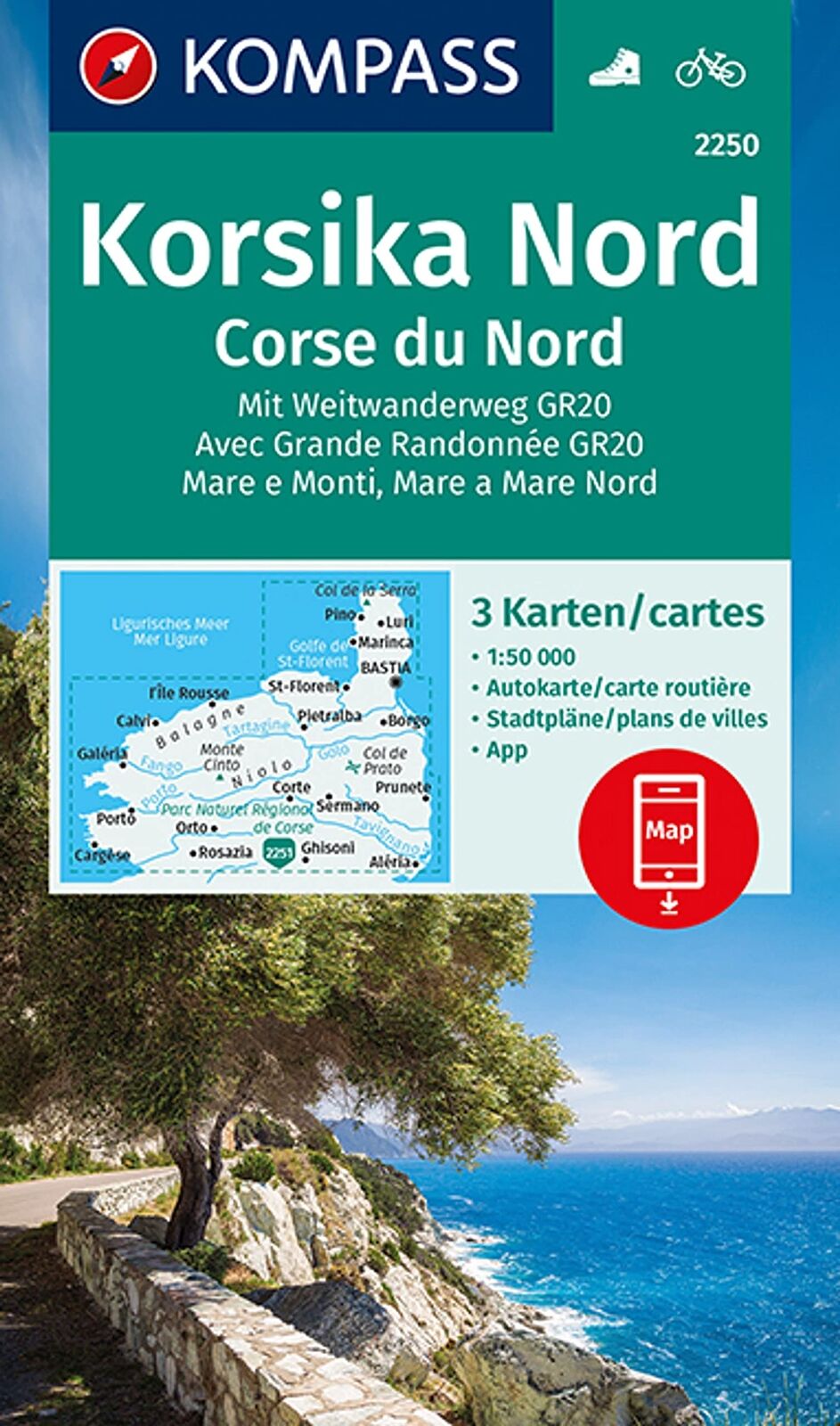 9783990449530 KOMPASS Wanderkarte 2250 Korsika Nord, Corse du No...ahrradfahren.