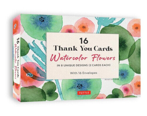 16 Thank You Cards Watercolor Flowers: 4 1/2 X 3 Inch Blank Cards in 8 Lovely