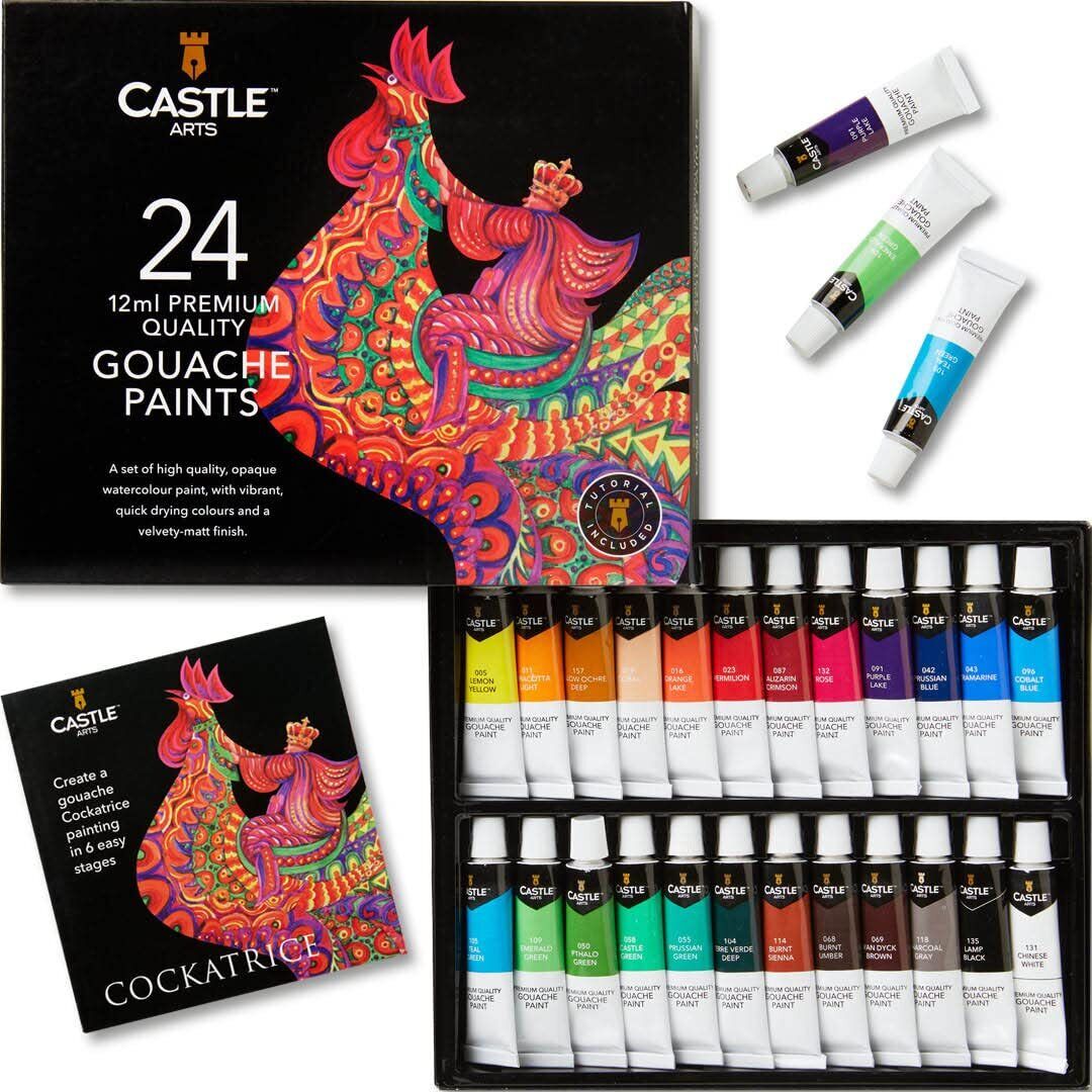 Castle Art Supplies Set di Vernici per Guazzo | 24 Colori a Base Acquosa Bril...