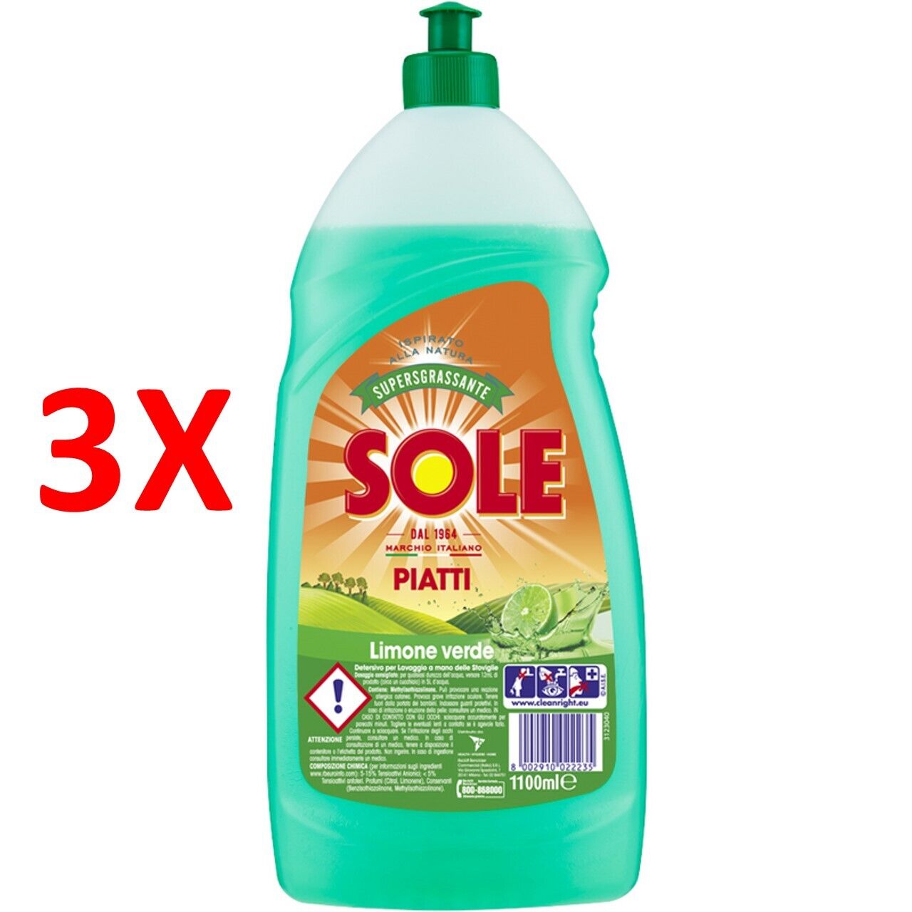 3 X Sole Detersivo Piatti Liquido 1100 Ml.limone Verde Detergente Piatti Stovig