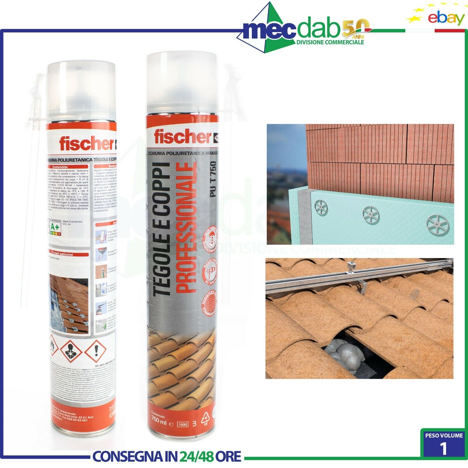 Schiuma Poliuretanica Per Tegole e Coppi Con Cannuccia 750 ML FISCHER