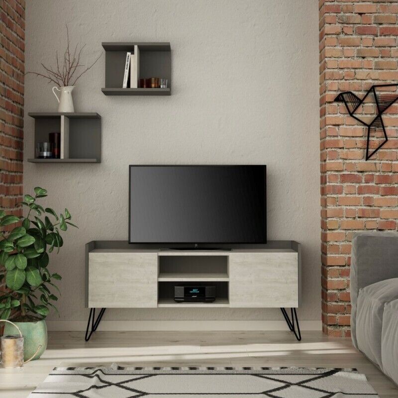 Mobile porta TV 125cm in legno con 2 ante colore bianco vintage e antracite - Kl