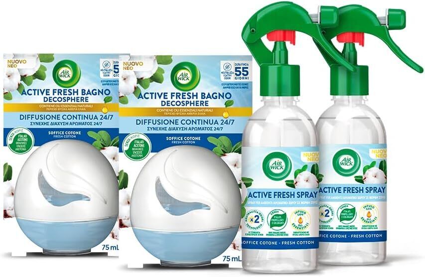 Airwick Kit Profumatori Ambienti: 2 Profumatori Bagno + 2 Spray Soffice Cotone