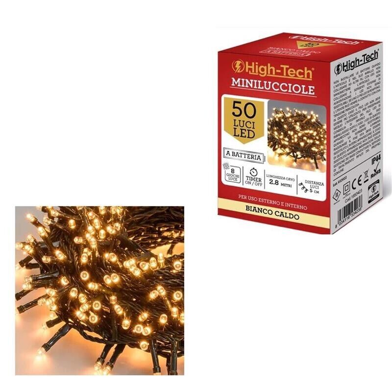 HIGH-TECH FILO A BATTERIA LED 50 MINILUCCIOLE COLORE BIANCO CALDO 8 GIOCHI DI LU