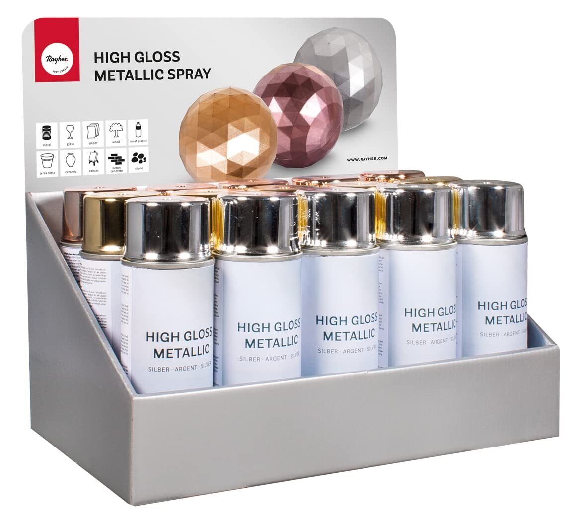 Rayher Display High gloss Metallic spray, bomboletta 200g, 3 colori argento, oro
