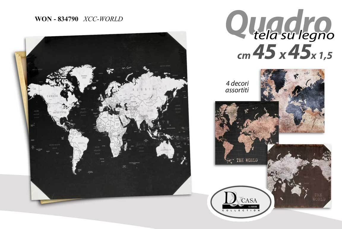 QUADRO PARETE TELA STAMPA SU LEGNO CASA UFFICIO NEGOZIO CARTINE MONDO 45*45 CM