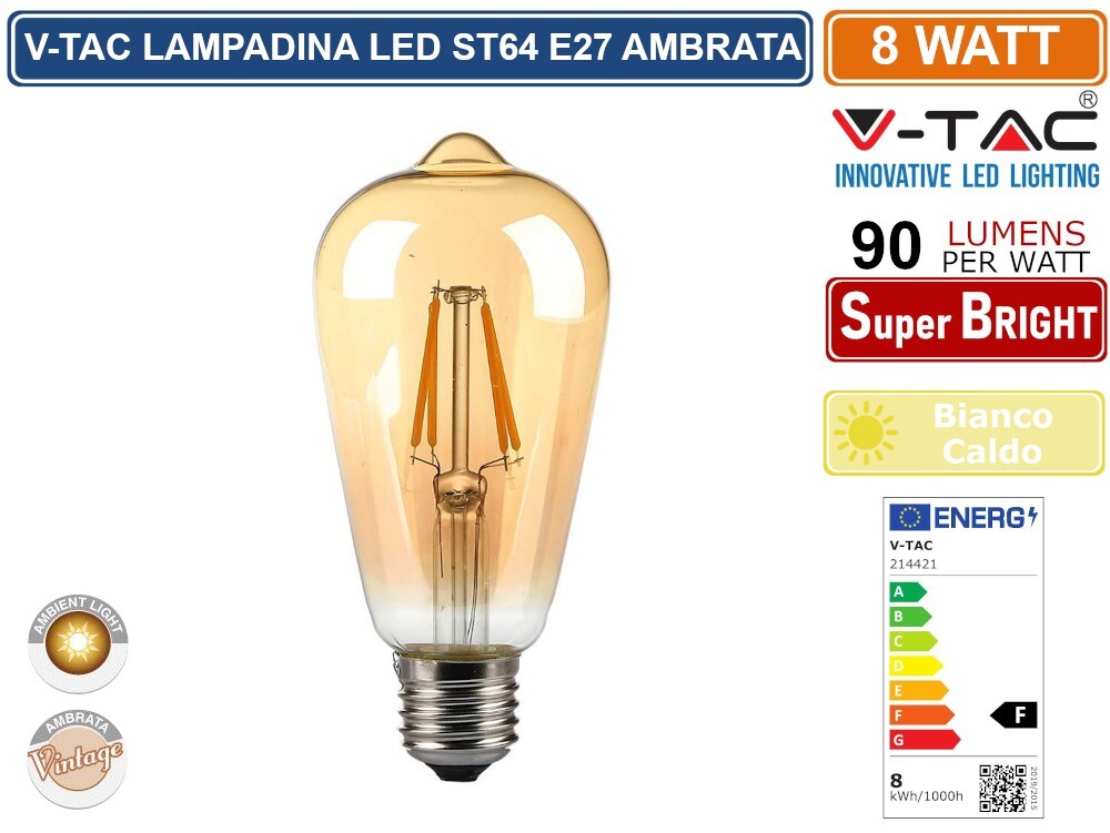 V-TAC VT-1968 LAMPADINA LED E27 8W BULB ST64 FILAMENTO VINTAGE- SKU 214421