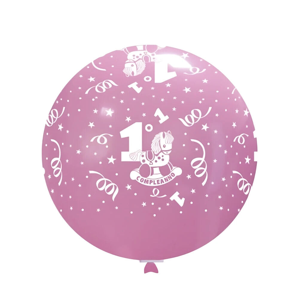 Palloncini 33" (86cm) rosa 26 con stampa bianca 1° Compleanno globo, 1pz.