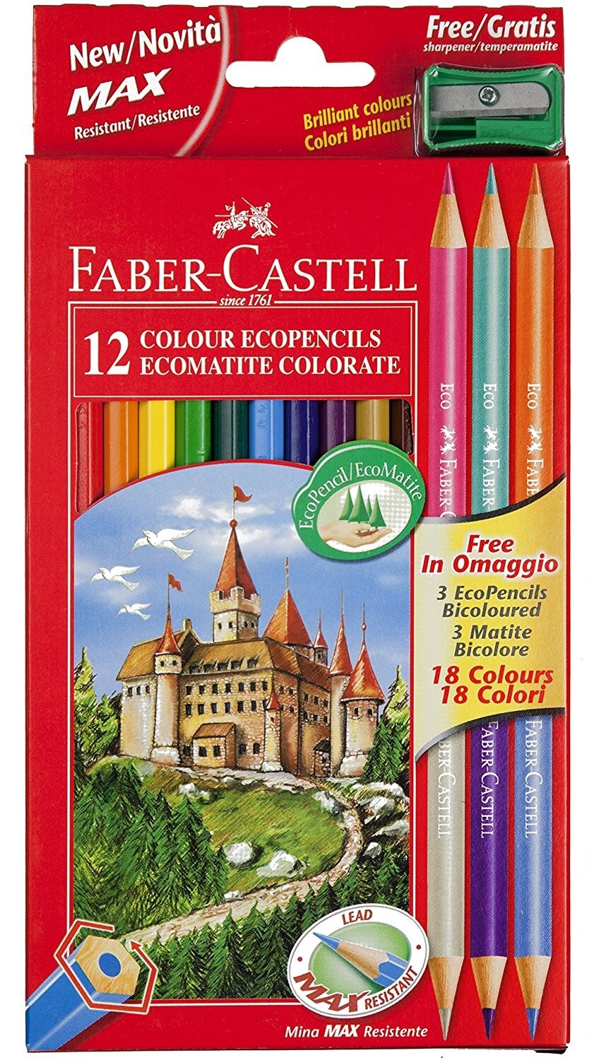 Colori a matita Faber Castell 12 Pastelli + 3 pastelli bicolore e Temperamatite