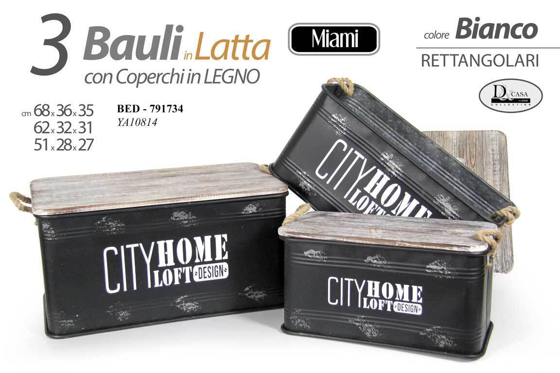 SET 3 BAULI MIAMI BOX IN LATTA CON COPERCHIO IN LEGNO RETTANGOLARI BED-791734